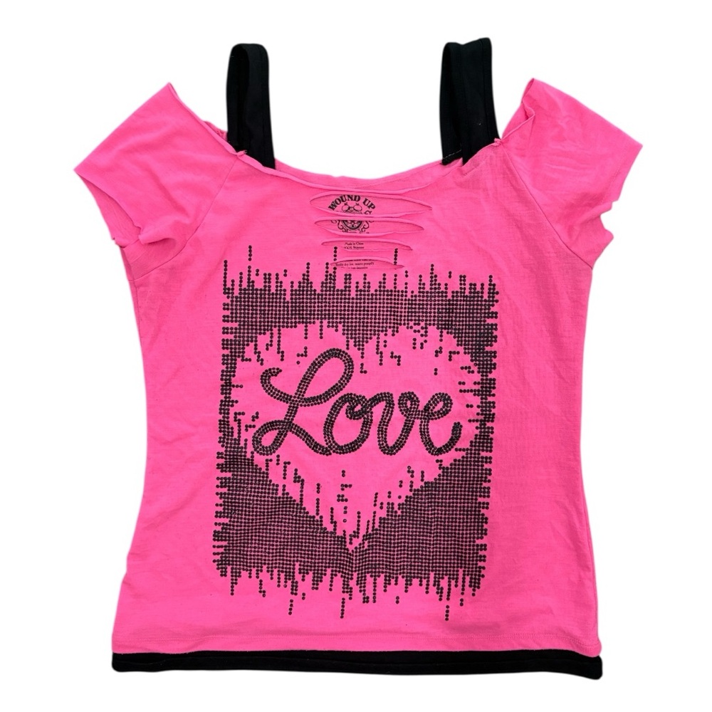 Hot Pink Strappy Top with Black Graphic Love Vibes XL
